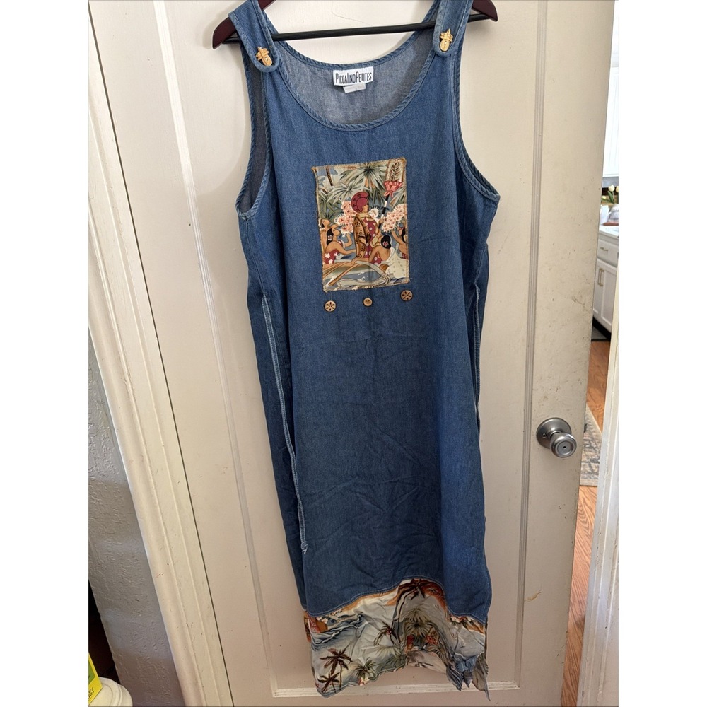 Nina Piccolino Denim Vintage Size 14 Midi Dress Tropical *Hawaiian Print *Artsy